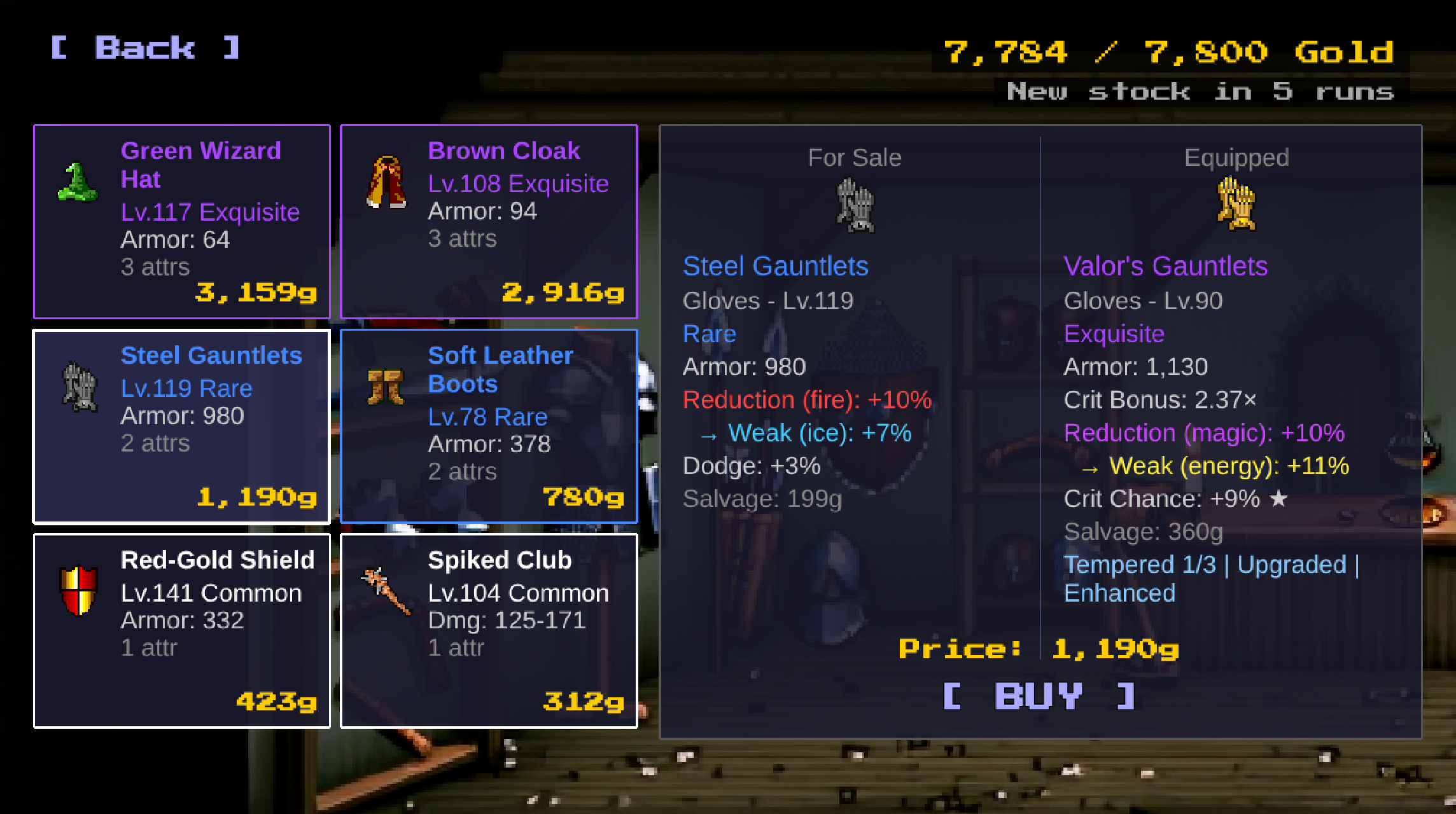 Merchant shop with item comparison