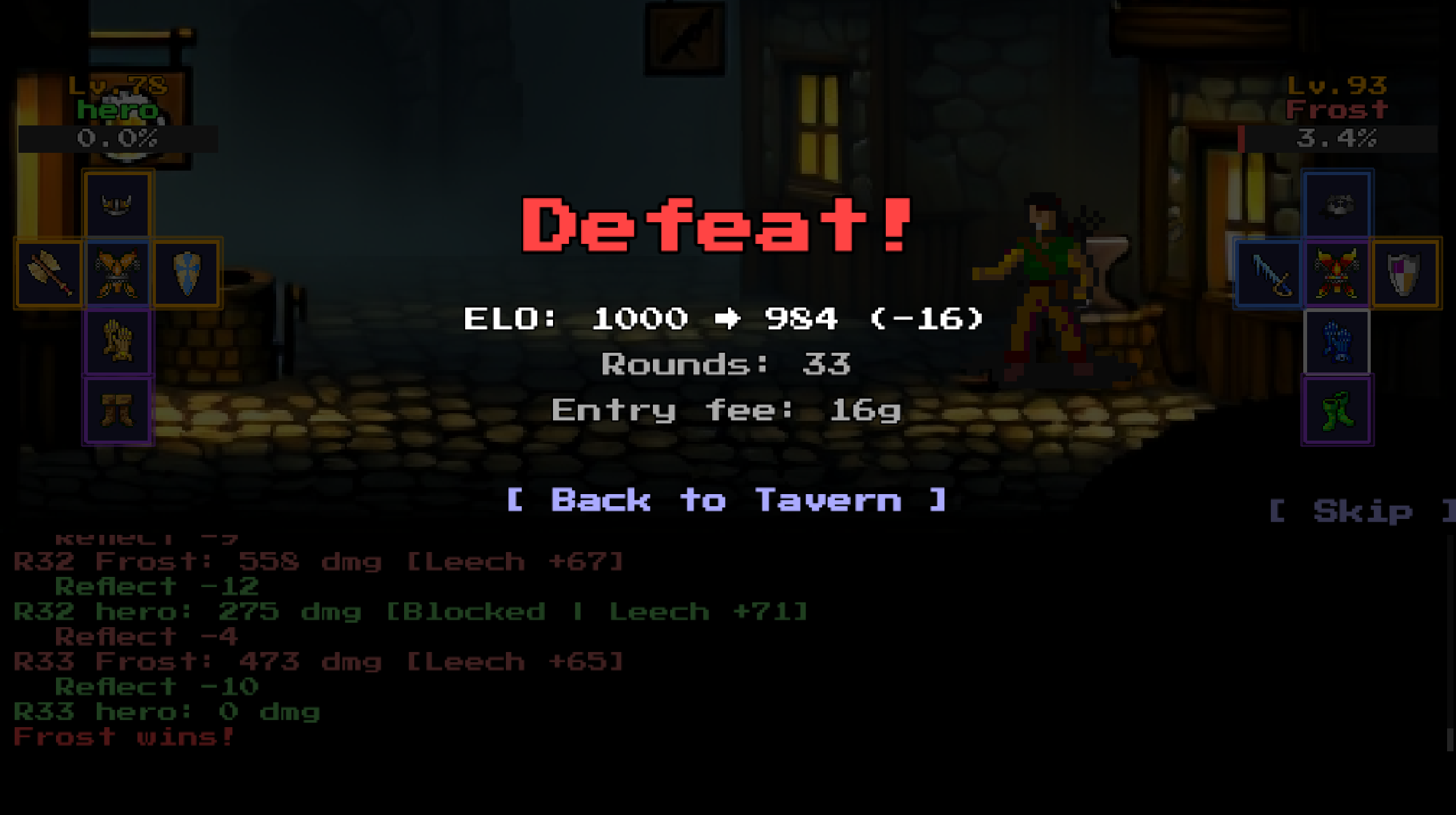 PvP defeat screen with ELO change