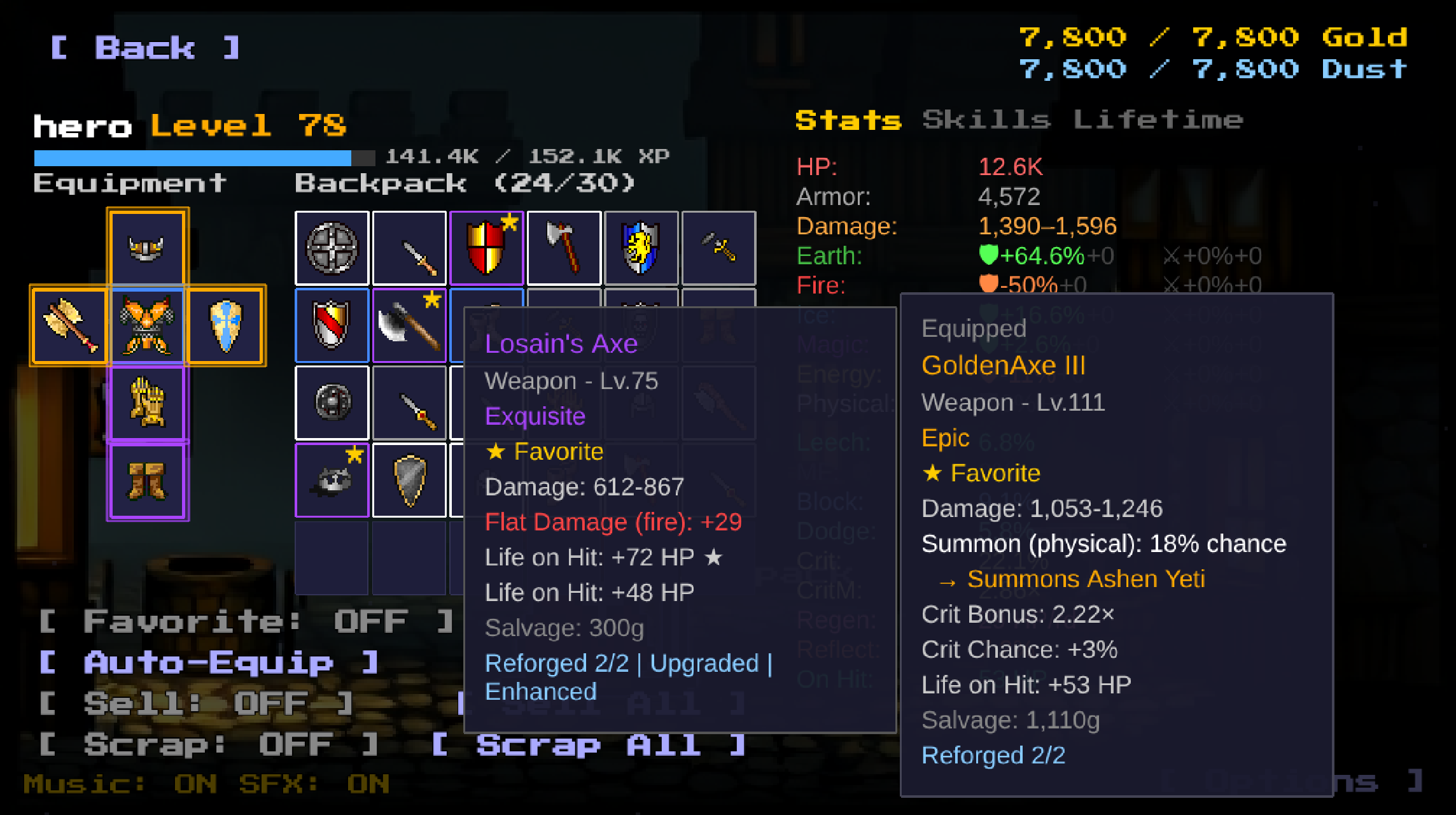 Backpack with item tooltip and comparison